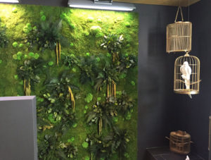 wall panel of greenery against a black wall with golden birdcages hanging from the ceiling
