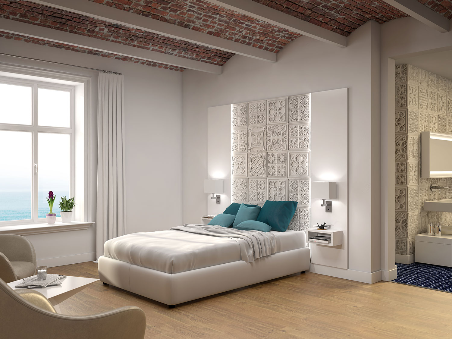 bedroom with decorative wall behind bed of nouvea deco arterra white vintage engraved square panel