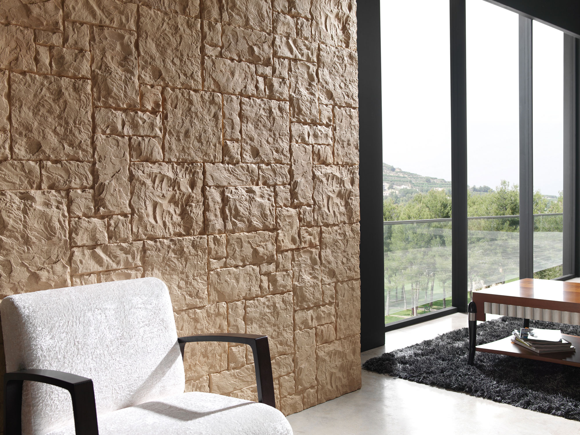 paver sandy brown wall behind white chair next to windows