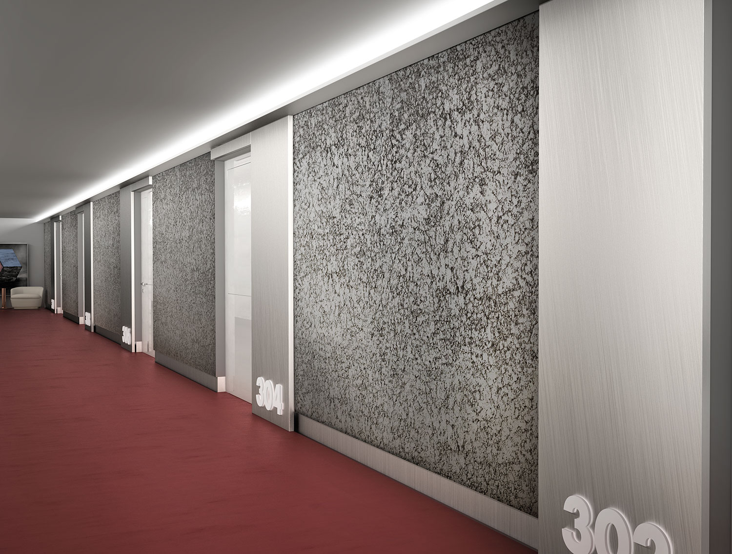 hotel hallway with light up numbers on the doors, grey and black textured walls
