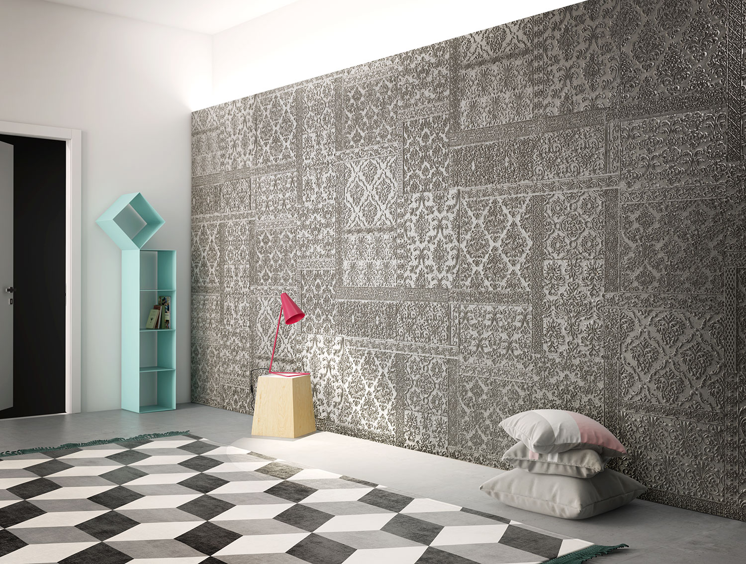gray wall panels with engraved vintage designs