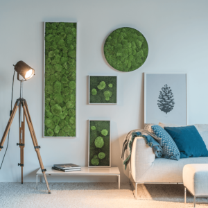 living room with sofa and white wall with panels of moss