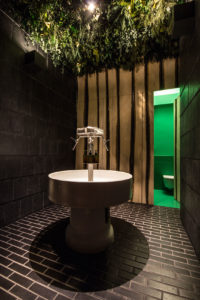 circular water fountain in a room with greenery hanging from the ceiling