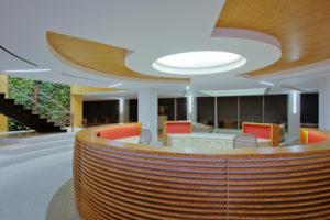 circular desk with wooden texture design